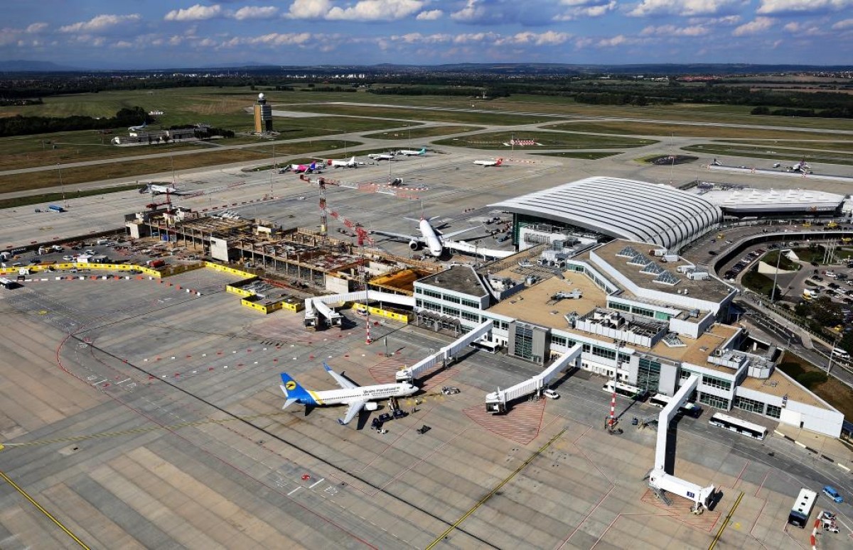 Budapest Airport terminal and apron aerial view