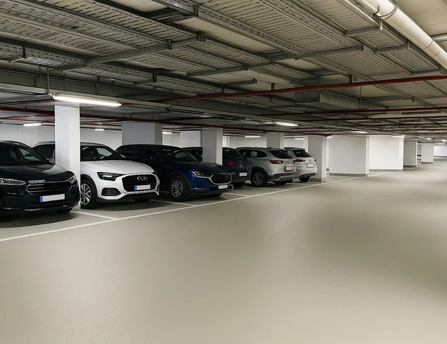 Parking podziemny, zaparkowane samochody w wyznaczonych miejscach