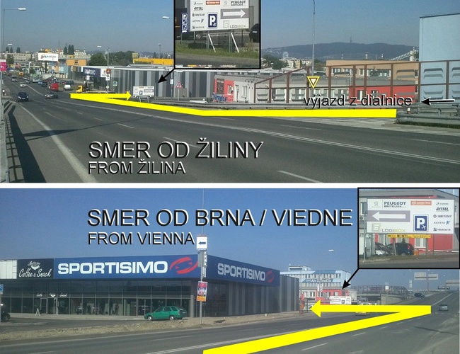 Drogowskazy na autostradzie pokazujące kierunki z Żyliny i Wiednia, z oznaczeniami tras dojazdu na parkingi reklamami w tle.