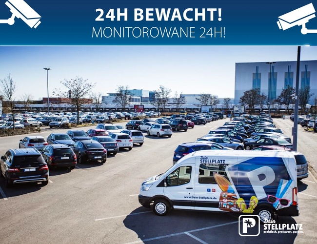 Dein Stellplatz Parking P2. Parking samochodowy z wieloma autami, napis „24h bewacht / monitorowane 24h”.