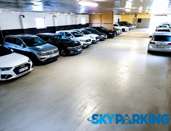 Szeroki widok na przestronne, zadaszone pomieszczenie parkingowe z jasną posadzką oraz licznymi samochodami ustawionymi w równych liniach po obu stronach.