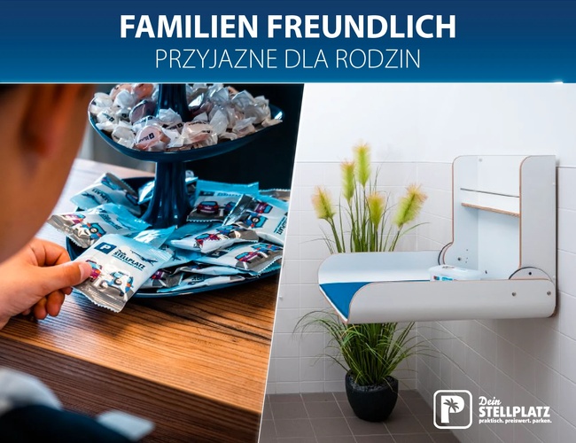 Parking Dein Stellplatz. Pokój z przewijakiem dla dzieci, napis „Familienfreundlich / przyjazne dla rodzin”.