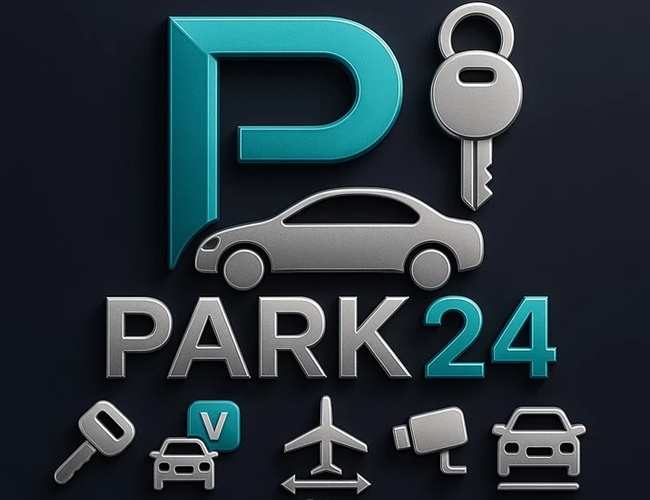 Logo parkingu PARK24 przedstawiające stylizowany niebieski znak ‘P’, samochód, klucz i ikonę kłódki, z dodatkowymi symbolami: samochód, parking, kamera i samolot z napisem ‘12 km’.