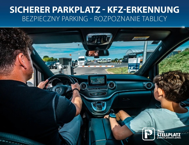 Parking Dein Stellplatz. Kierowca w aucie, system rozpoznawania tablic, napis „Sicherer Parkplatz – Kfz-Erkennung / bezpieczny parking – rozpoznanie tablicy”.