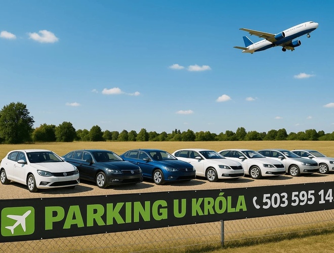 Baner parkingowy na ogrodzeniu "Parking u Króla"