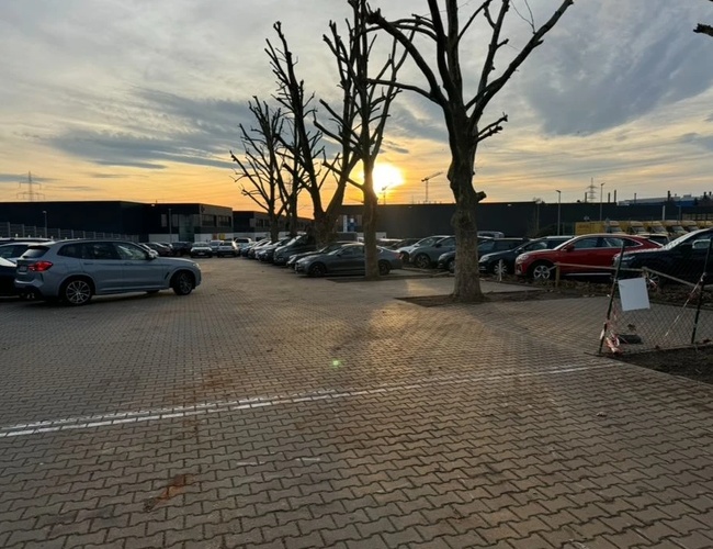 Parking Park & Go Valet – plac z podłożem z kostki. Ogrodzony płotem, widoczne zaparkowane samochody. Dookoła budynki i drzewa.