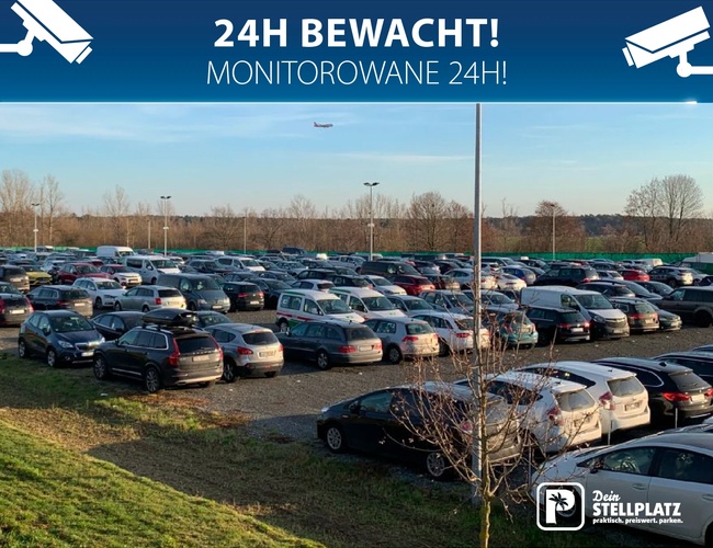 Parking Dein Stellplatz. Parking samochodowy z wieloma autami, napis „24h bewacht / monitorowane 24h”.