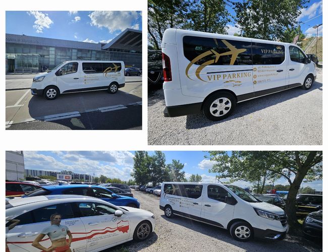 VIP Parking - przy trasie S2 - trzy zdjęcia przedstawiają busy z logo parkingu, stojące na żwirowym terenie. Obok znajdują się inne samochody osobowe. Teren otoczony jest drzewami i ma dużo naturalnego światła.