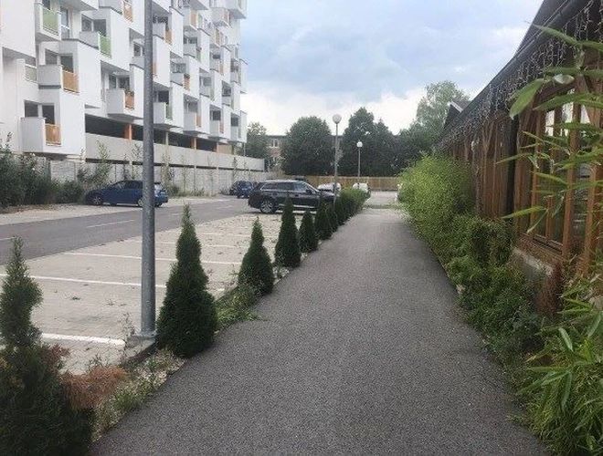 Parcare Aeroport Parcaj - Parcare cu suprafață din beton și câteva mașini. Lângă este o alee cu vegetație.