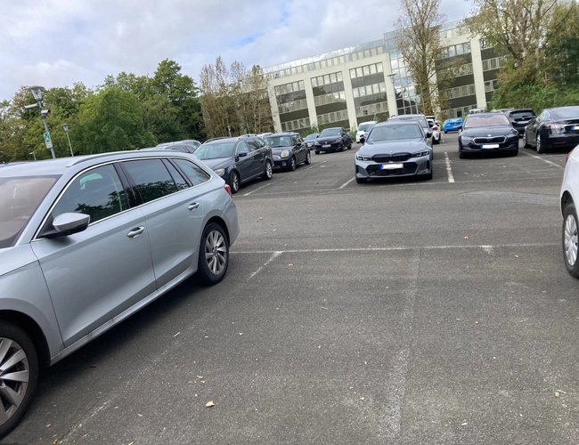 Parkovisko Stern Valet - Na parkovisku sú rovnomerne zaparkované autá. V pozadí stojí moderná budova. Obklopujú ho stromy a pouličné lampy.