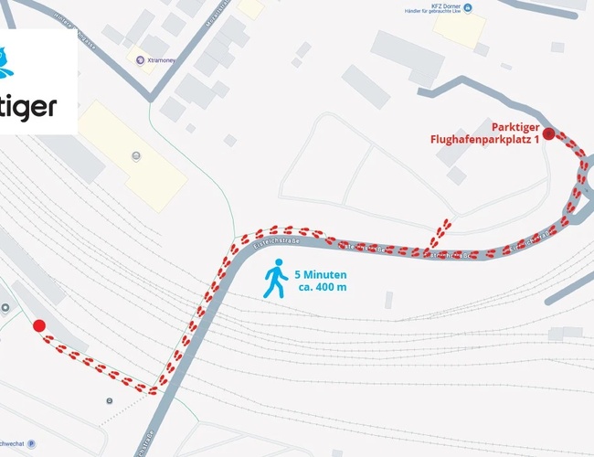 Parqueo de Aeropuerto Parktiger 1 - En la imagen hay un mapa con la ubicación del estacionamiento. También se muestra la ruta peatonal de 400 metros.