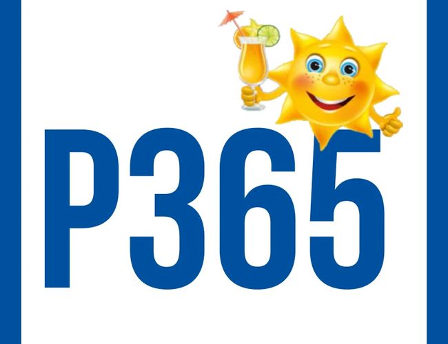 Parkering P365 - logo med en smilende sol som holder en drink. solen er gul og har stråler. På hvit bakgrunn står det stort og blått P365.