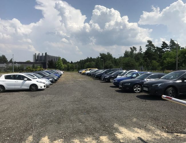 Parking LOT 24 - Żwirowy plac z samochodami stoi pomiędzy drzewami. Niebo jest częściowo pochmurne. W tle widać budynek.