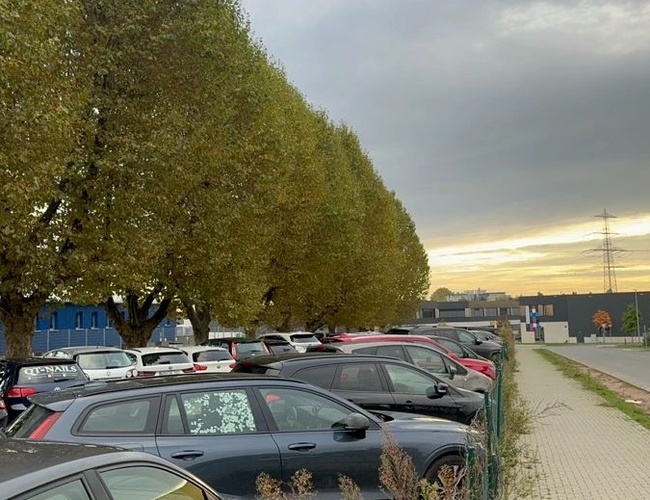 Parkovanie Park & Go Valet – plocha s kamienitým povrchom. Oplotený plotom, viditeľné zaparkované autá. Okolo budovy a stromy.