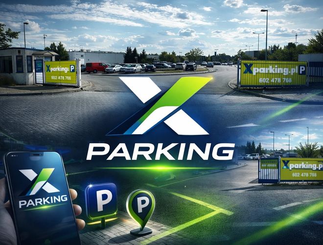 Widok na bramę wjazdową parkingu. W tle widok samochodów zaparkowanych na parkingu, którego teren jest wyłożony kostką brukową.