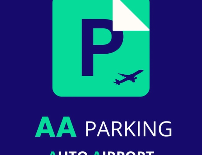 Auto Airport Parking - Logo s písmenom P na zelenom pozadí. Vidieť tiež siluetu lietadla. Nápis "AA Parking Auto Airport" dole.