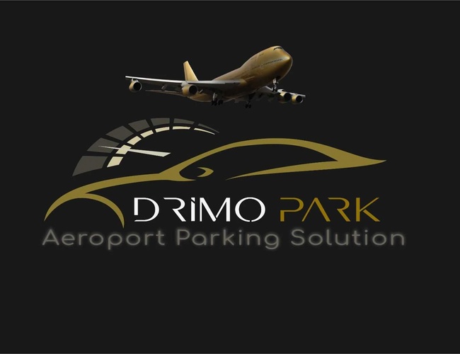 Parkovanie Drimo Park Valet - Logo zobrazuje lietadlo v lete. Pod ním je zlatý obrys auta a nápis.
