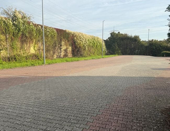 Widok na pusty parking z czerwono-szarymi kostkami brukowymi, otoczony zielonym żywopłotem, perspektywa pokazująca dalszą część placu i słupy oświetleniowe.