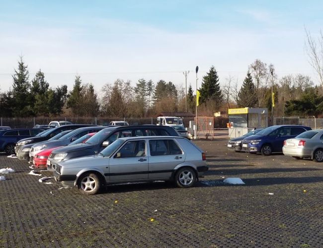 Parking Carport – Na placu stoi wiele samochodów. Teren jest ogrodzony i oświetlony. W tle widać drzewa.