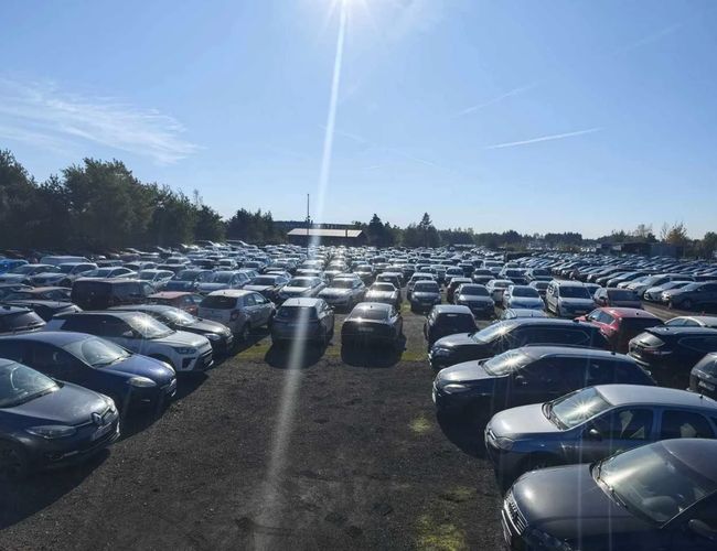 Aparcamiento en 5 – Área llena de coches de varias marcas. El aparcamiento es al aire libre y está rodeado de árboles. No hay valla.
