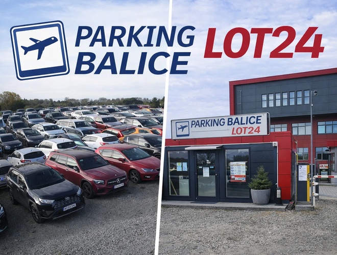 BaliceLot24 - Parking ogrodzony, kilka zaparkowanych aut obok. Widoczne ogrodzenie i stosy materiałów w tle.