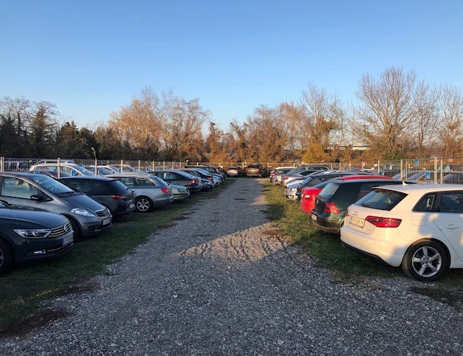 Transfer de Parking Parktiger - En el aparcamiento de grava hay coches estacionados. El terreno está bordeado de árboles y está cercado por una valla.