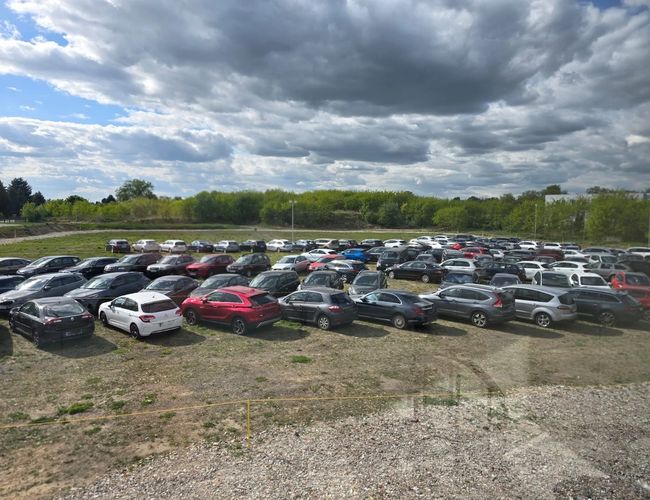 Premium Parking - Na parkingu stoi wiele samochodów. Teren jest otoczony zielenią. Nie ma widocznych ogrodzeń ani lamp.