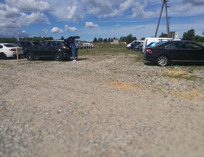 Parking P8 - teren utwardzony, kilka zaparkowanych samochodów. Jedna osoba przy ciemnym aucie. Pogoda jest słoneczna.