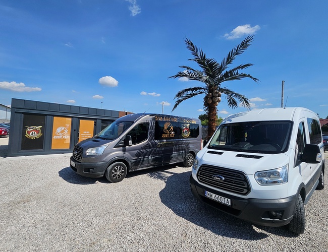 Just Fly Parking - Na zdjęciu są dwa samochody dostawcze. W tle znajduje się budynek i palma.