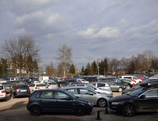 Krk Parking Lotnisko – Parking jest pełny samochodów. Teren jest otwarty i bez ogrodzenia. W tle są drzewa i budynki.