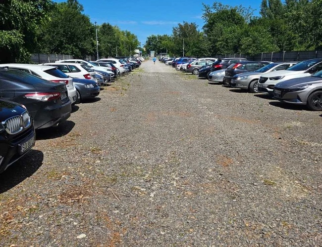 Parkovisko Pienista 32 - Na parkovisku stoja rady áut. Pozemok je nezpevnený. Okolo sú stromy a plot.