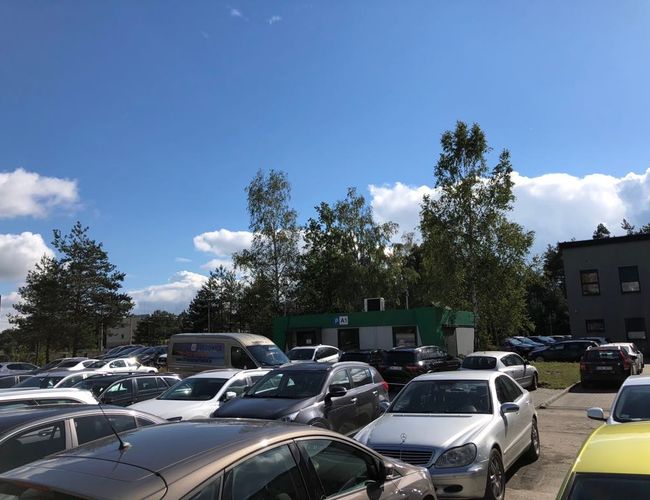Parking A1 – Na placu stoją zaparkowane samochody. W tle rosną drzewa i widoczny jest mały budynek. Pogoda jest słoneczna.