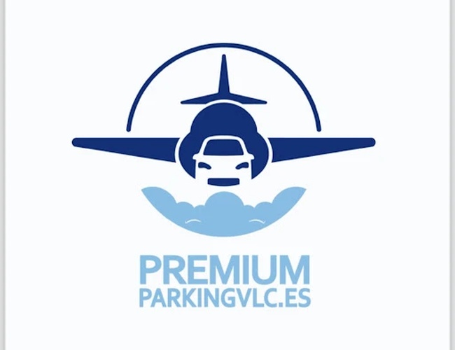 Premium Parking VLC - logo przedstawia samolot, samochód i chmury. Dominują kolory niebieski i biały.