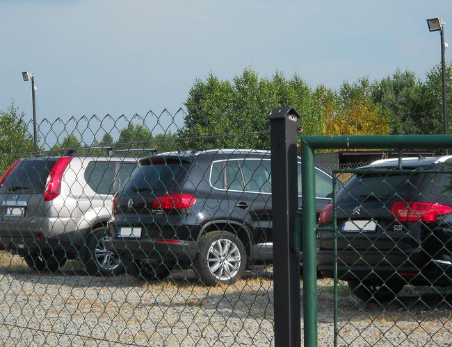 Parking Auto Park - Ogrodzony plac z zaparkowanymi samochodami. Widoczne są drzewa w tle.