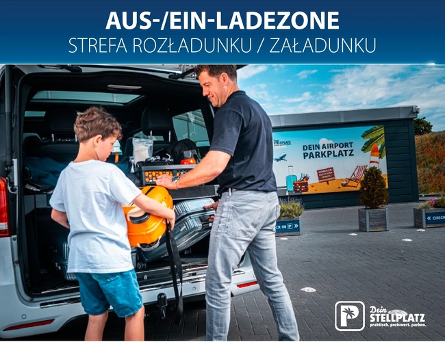 Parking Dein Stellplatz. Mężczyzna wyciąga bagaż z auta, napis „Aus-/Ein-Ladezone / strefa załadunku i rozładunku”.
