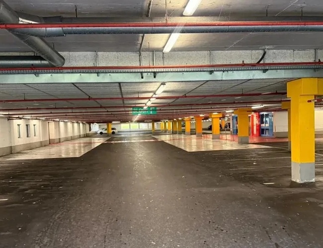 Podziemny parking z zielonymi filarami, miejscami parkingowymi i pojedynczym samochodem stojącym w oddali.