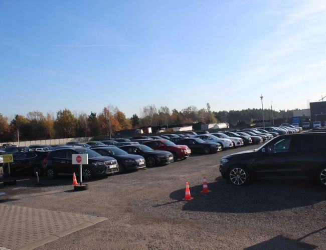 ArtLot 2 – El estacionamiento está lleno de coches. Al lado se ven conos naranjas. En el fondo hay un bosque.