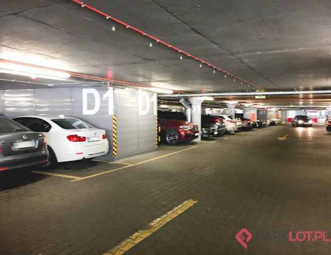 Oficjalny Parking Lotniska P2 – Podziemny parking z oznaczeniami D1. Po lewej stoją zaparkowane samochody. Teren jest dobrze oświetlony.