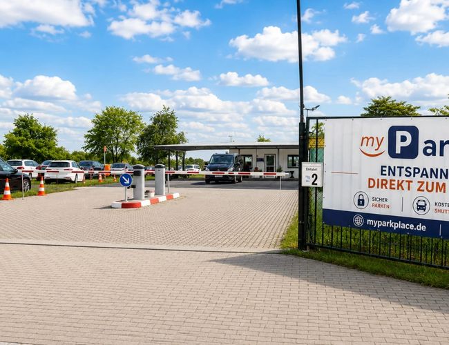 Parking myParkplace – Automat do kawy z filiżankami i kubkami. Ekran dotykowy z wyborem napojów. Na blacie stoją filiżanki.