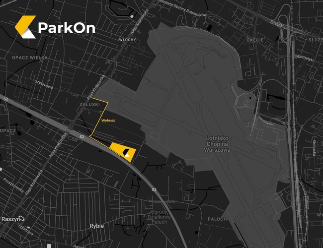 ParkON – kart med parkeringsplassering ved siden av Chopin lufthavn.