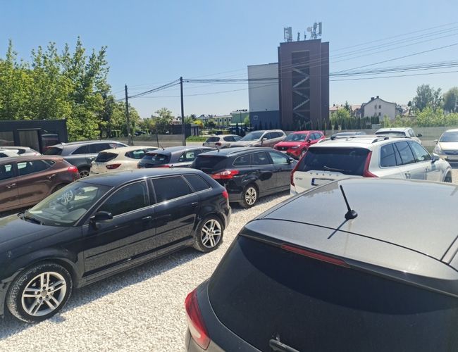 MyParking - Na parkingu stoi wiele samochodów. Teren jest otwarty i słoneczny. W tle widoczne są drzewa i budynek.