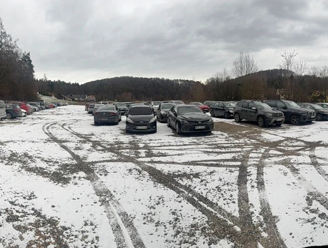 Victory Cars – żwirowy parking . Samochody zaparkowane na terenie parkingu. w tle widoczne są drzewa.