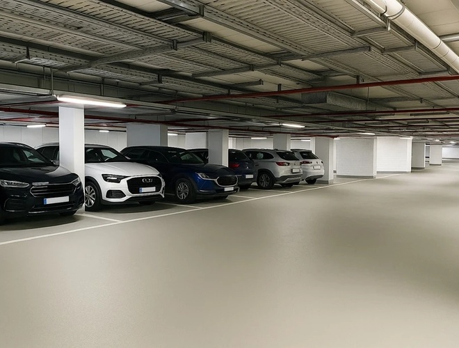 Royal Valet Parking - Unterirdischer Parkplatz mit geparkten Autos. Helle Beleuchtung und deutliche Parkplatzmarkierungen. Etage geräumig und ordentlich.