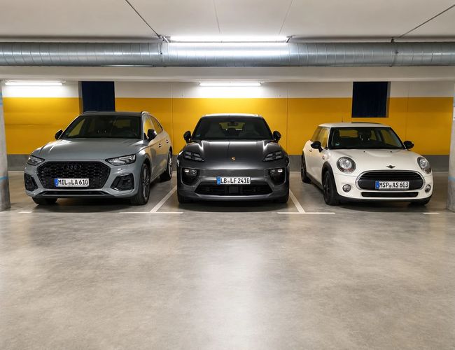 Szeroki podziemny parking z rzędami zaparkowanych samochodów po obu stronach.