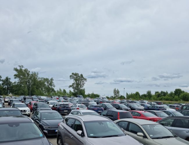 Parking Tani i Bezpieczny PREMIUM - Na parkingu stoi wiele samochodów. Wokół rośnie zieleń i drzewa. Parking nie jest zadaszony.