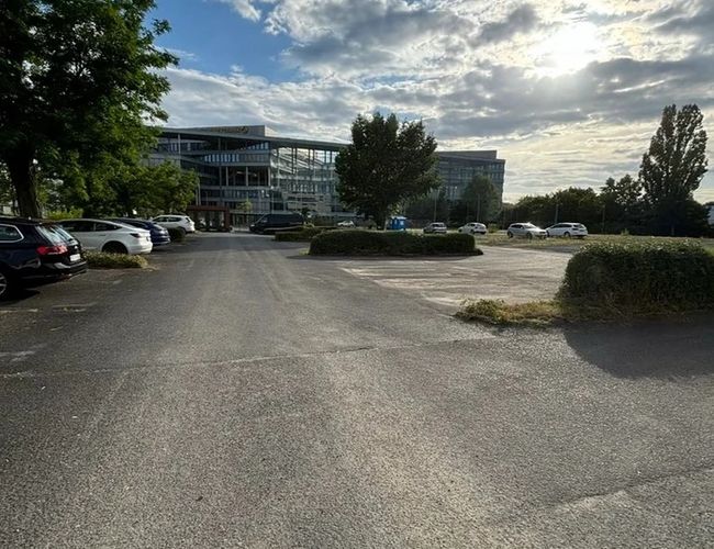 Supreme Parking Valet – parking z widocznymi samochodami i roślinnością. Po lewej stronie znajdują się drzewa. W tle widać przeszklony budynek.