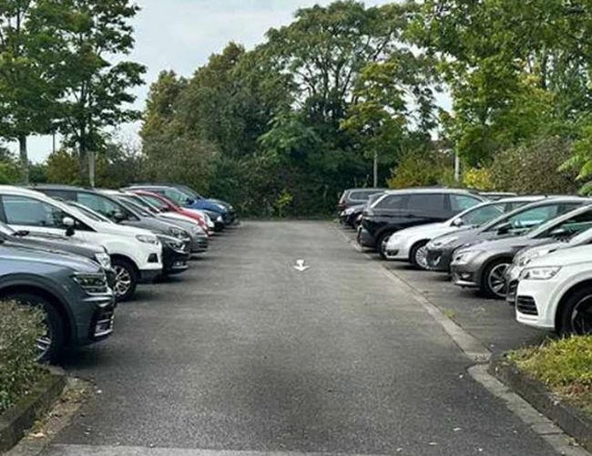 ParKing’s Düsseldorf Outdoor Valet - Dwie równe linie aut po obu stronach. Otoczone zielenią, asfaltowa droga pośrodku.