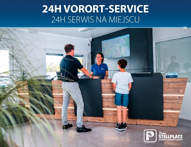 Parking Dein Stellplatz. Recepcja z obsługą klienta, napis „24h Vorort-Service / 24h serwis na miejscu”.