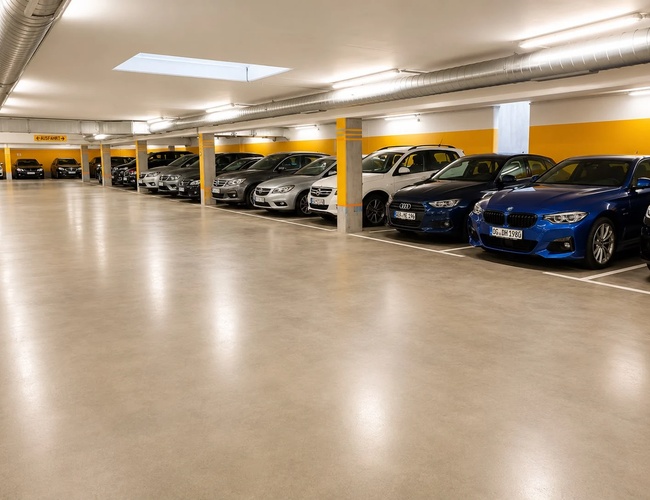 Trzy zaparkowane samochody na podziemnym parkingu, żółta ściana i sufit z oświetleniem LED.