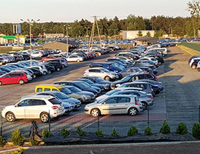 Parkplatz MTM - Parkplatz voll mit Autos. Neben den Büschen wachsen. Im Hintergrund Bäume und Gebäude.